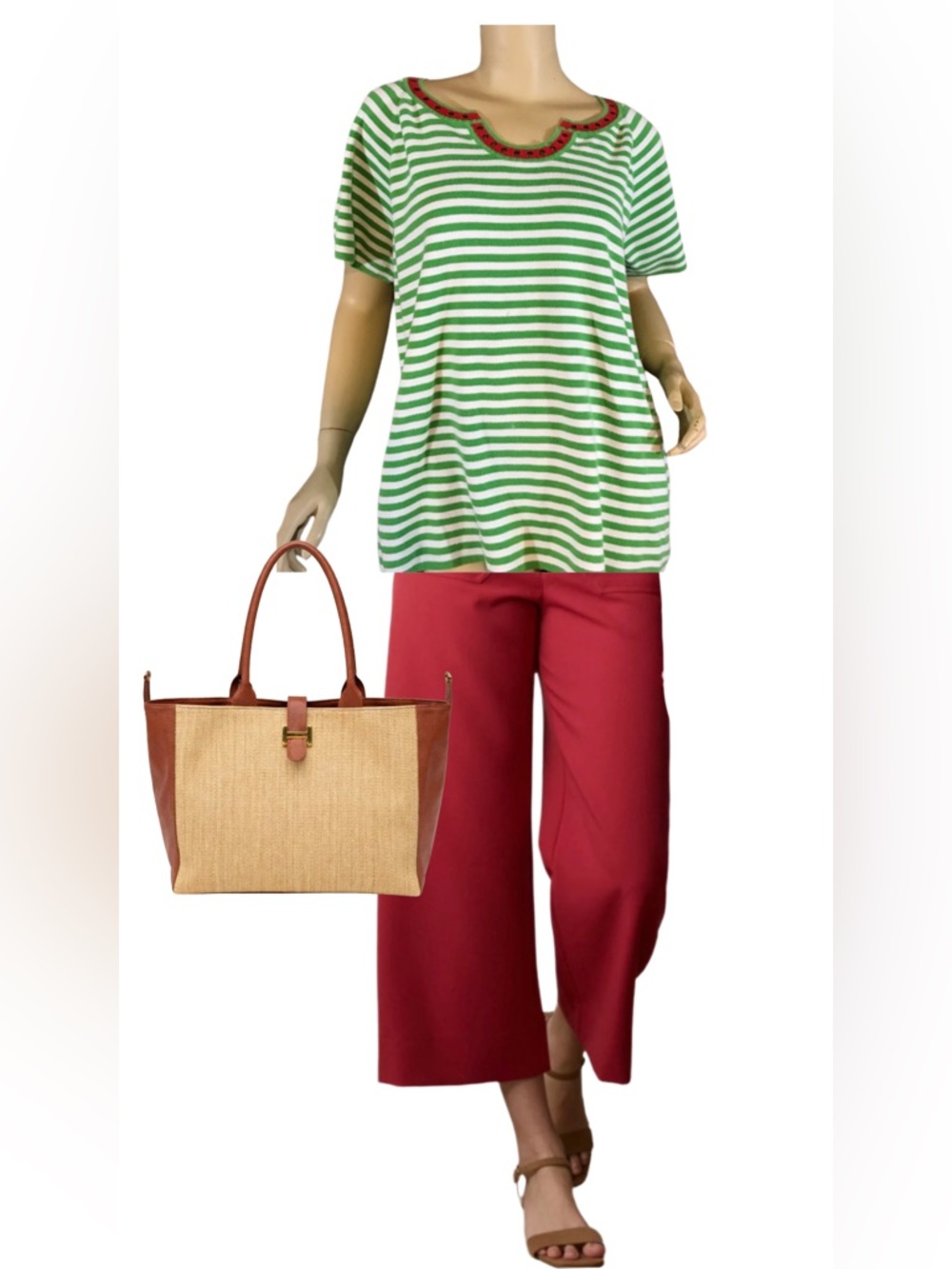VINTAGE 1990'S GREEN & WHITE W/RED TRIM STRIPED KNIT "WATERMELON" TOP (1X)